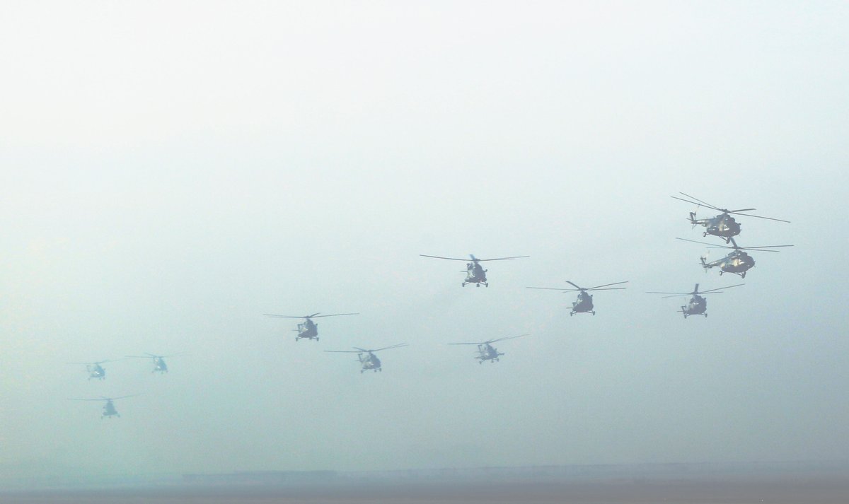 In Liaoning Province bordering North Korea, the People's Liberation Army Air Force is conducting multi-type helicopters coordinated training