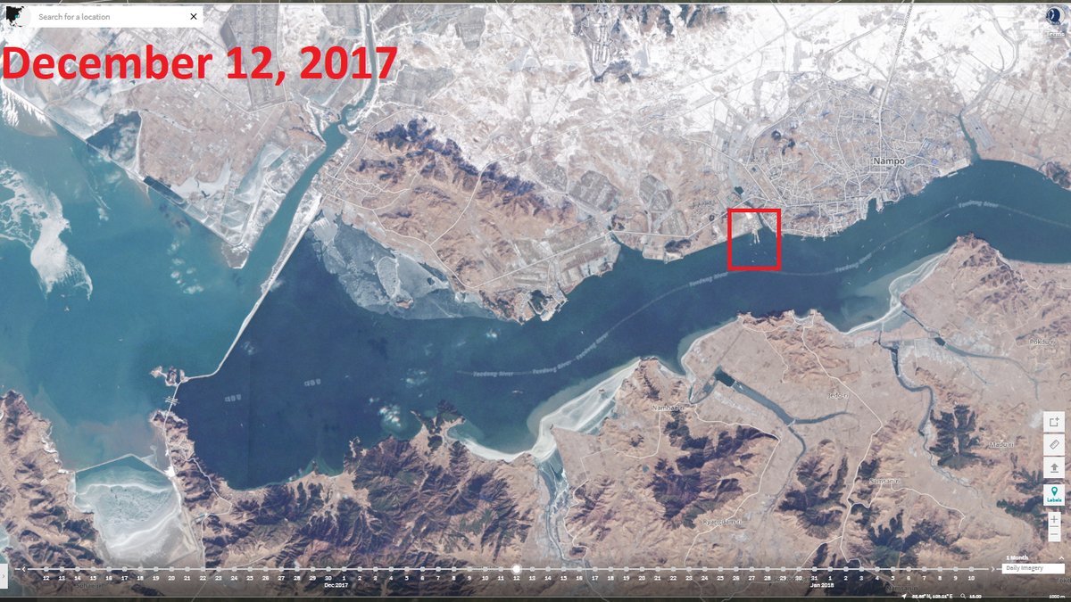 The red box is North Korea's largest port for receiving fuel from China. It is located along the Taedong River in Nampo. The river is walled off on the west by a dam with small opening towards the sea. Tankers are completely stuck now. Currently -16C/4F. OOTT   