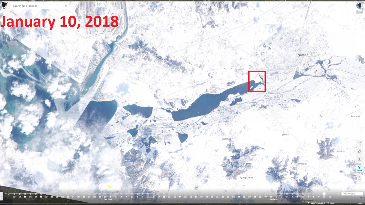 The red box is North Korea's largest port for receiving fuel from China. It is located along the Taedong River in Nampo. The river is walled off on the west by a dam with small opening towards the sea. Tankers are completely stuck now. Currently -16C/4F. OOTT   
