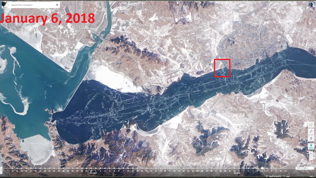 The red box is North Korea's largest port for receiving fuel from China. It is located along the Taedong River in Nampo. The river is walled off on the west by a dam with small opening towards the sea. Tankers are completely stuck now. Currently -16C/4F. OOTT   