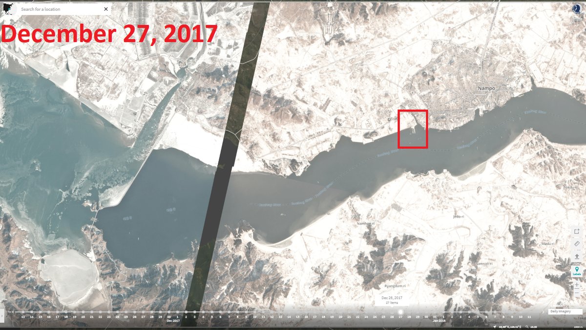 The red box is North Korea's largest port for receiving fuel from China. It is located along the Taedong River in Nampo. The river is walled off on the west by a dam with small opening towards the sea. Tankers are completely stuck now. Currently -16C/4F. OOTT   