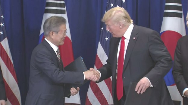 Pres Moon and Pres Trump sign the revised US-South Korea Free Trade Agreement. I've never seen my name in Korean, said @POTUS. It looks nice.   