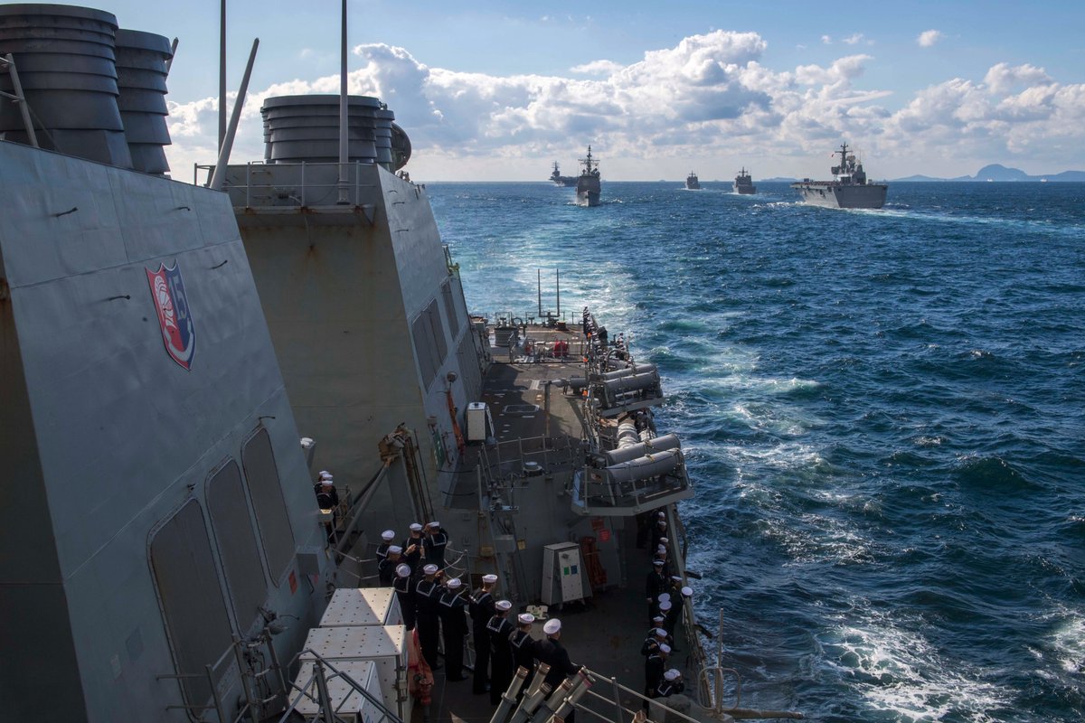 #USSRonaldReagan, #USSChancellorsville, #USSBenfold sail in formation with ships from multiple nations as part of the ongoing International Fleet Review hosted by the Republic of Korea Navy.