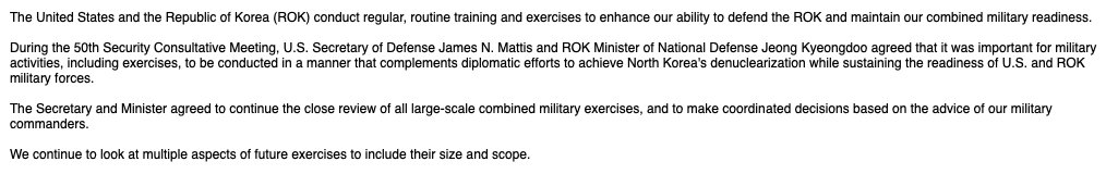 Pentagon continuing to look at multiple aspects of future exercises with ROK South Korea to include their size and scope per statement   