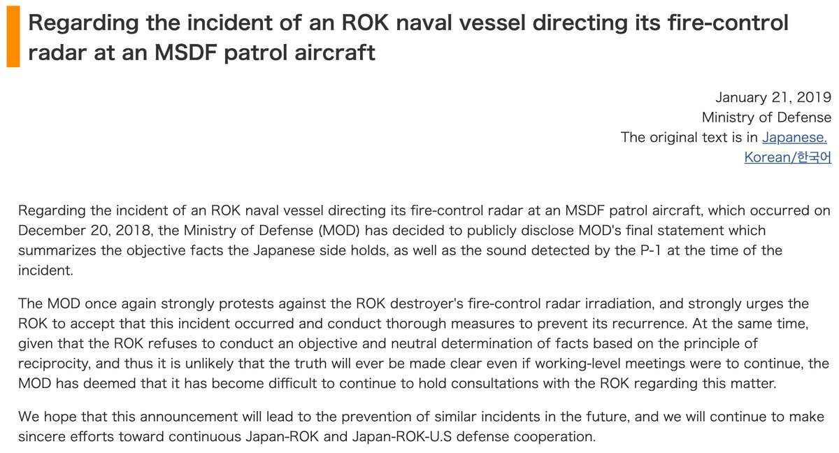 Japan's Ministry of Defense has put out what it hopes will be its final word in the radar lock-on dispute with South Korea. It's 7 pages long with supporting reference materials.    