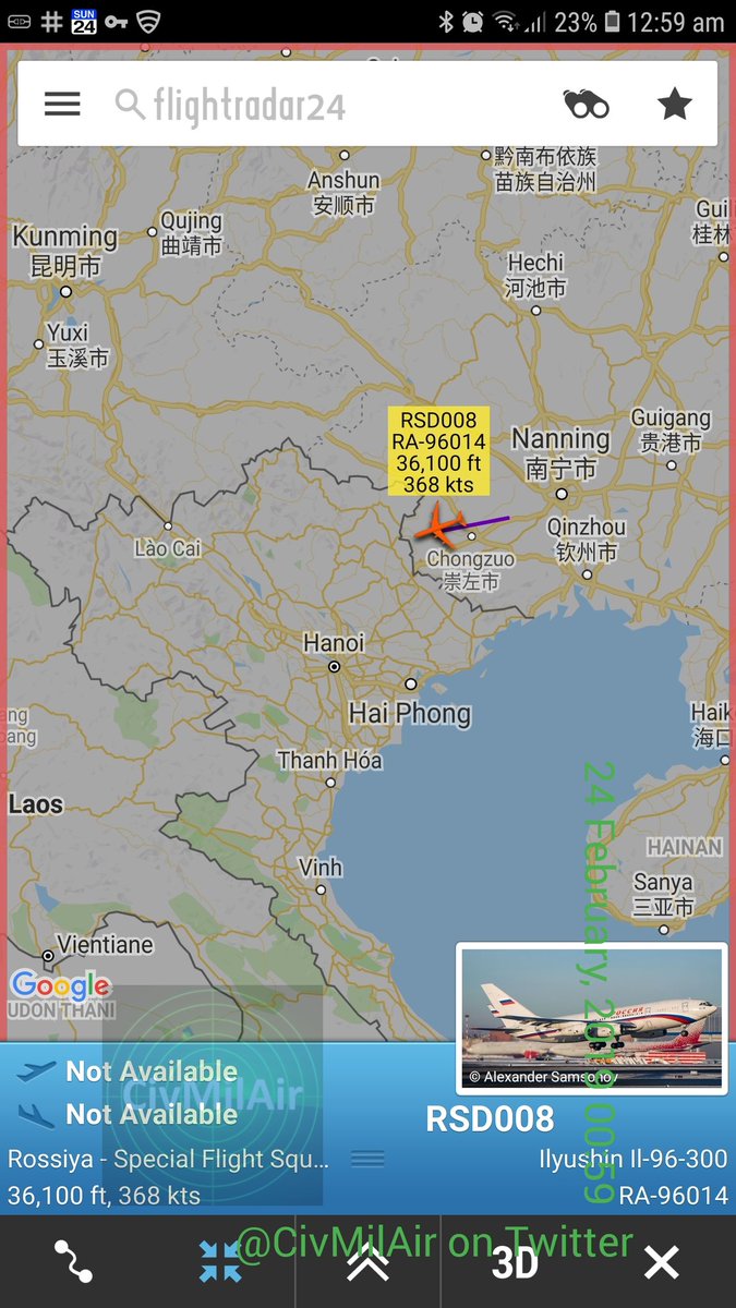 36,000ft heading into Vietnamese airspace:  Russian FM, Lavrov - meeting with Kim Jong Un before the Trump Kim Summit - Russian Government IL96 RA96014 RSD008     