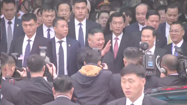 Surrounded by security personnel, North Korea's Kim Jong Un arrives in Vietnam for summit with Pres Trump. His green armored train pulled into Dong Dang railway station just over the Chinese border in Vietnam.   