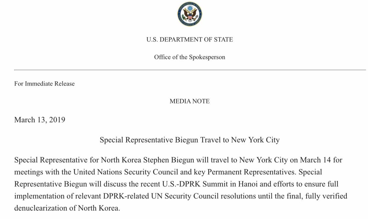 Special Representative for North Korea Stephen Biegun travels to NYC today for meetings with the United Nations Security Council and key Permanent Representatives.    