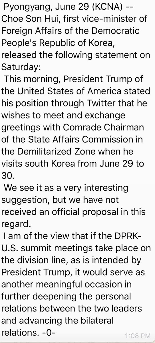 North Korea sees Trump's offer of a DMZ meeting as a very interesting suggestion   