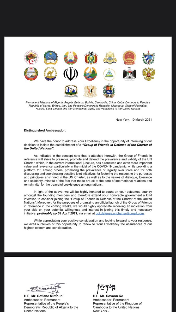 Belarus, China, Cuba, Eritrea, Iran, North Korea, Russia, Syria & Venezuela create The Group of Friends in Defense of the Charter of the United Nations to promote legality over force.  