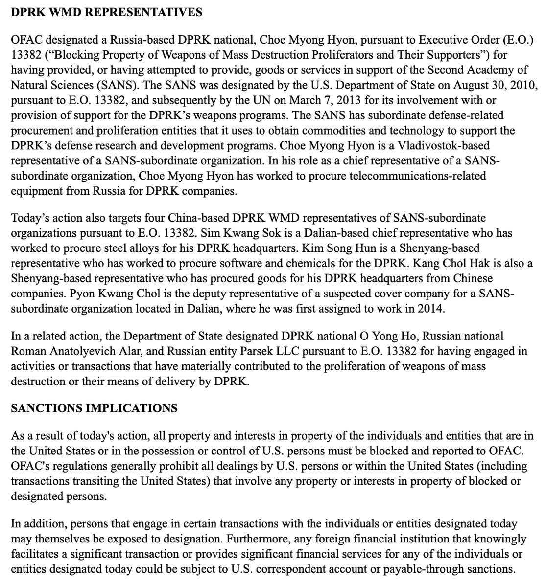 @StateDept designates North Korea-linked individuals & entities for proliferation of WMD   - Russia-based DPRK national O Yong Ho - Russian Roman Anatolyevich Alar  - Russia's Parsek LLC  