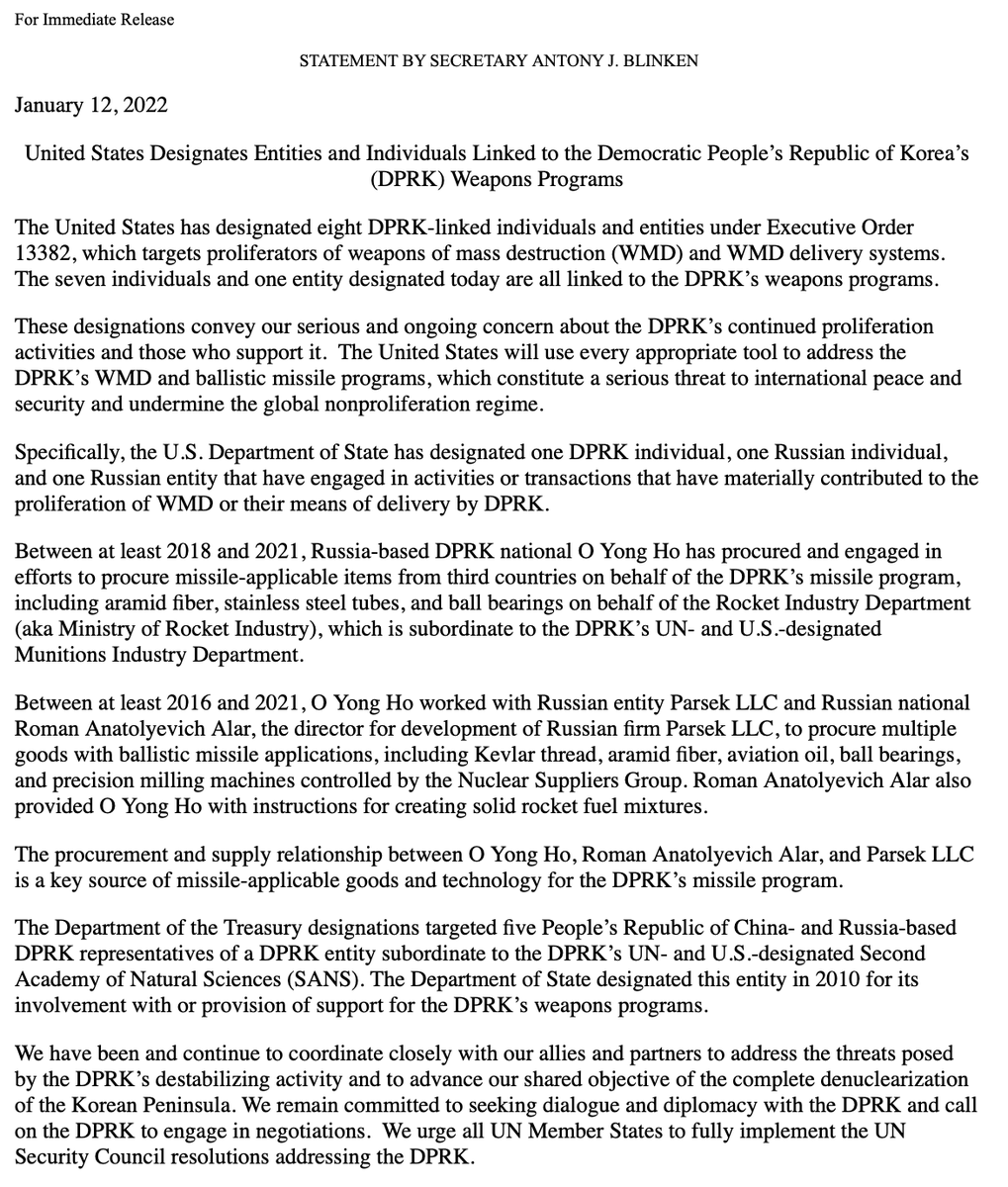 @StateDept designates North Korea-linked individuals & entities for proliferation of WMD   - Russia-based DPRK national O Yong Ho - Russian Roman Anatolyevich Alar  - Russia's Parsek LLC  