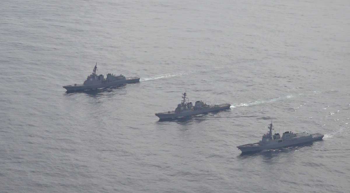 The US, South Korean, and Japanese navies held a joint missile defense drill in the sea east of the Korean Peninsula today, Seoul and Tokyo announce.  Photos via @ROK_MND