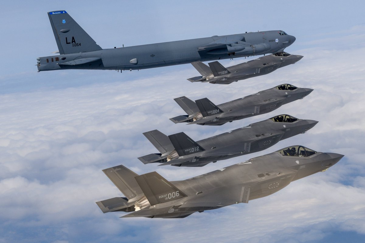 US Air Force two B-52H Stratofortress and four F-16 Fighting Falcon conduct a joint air drill over South Korea with South Korean Air Force four F-35A Lightning II on April 14