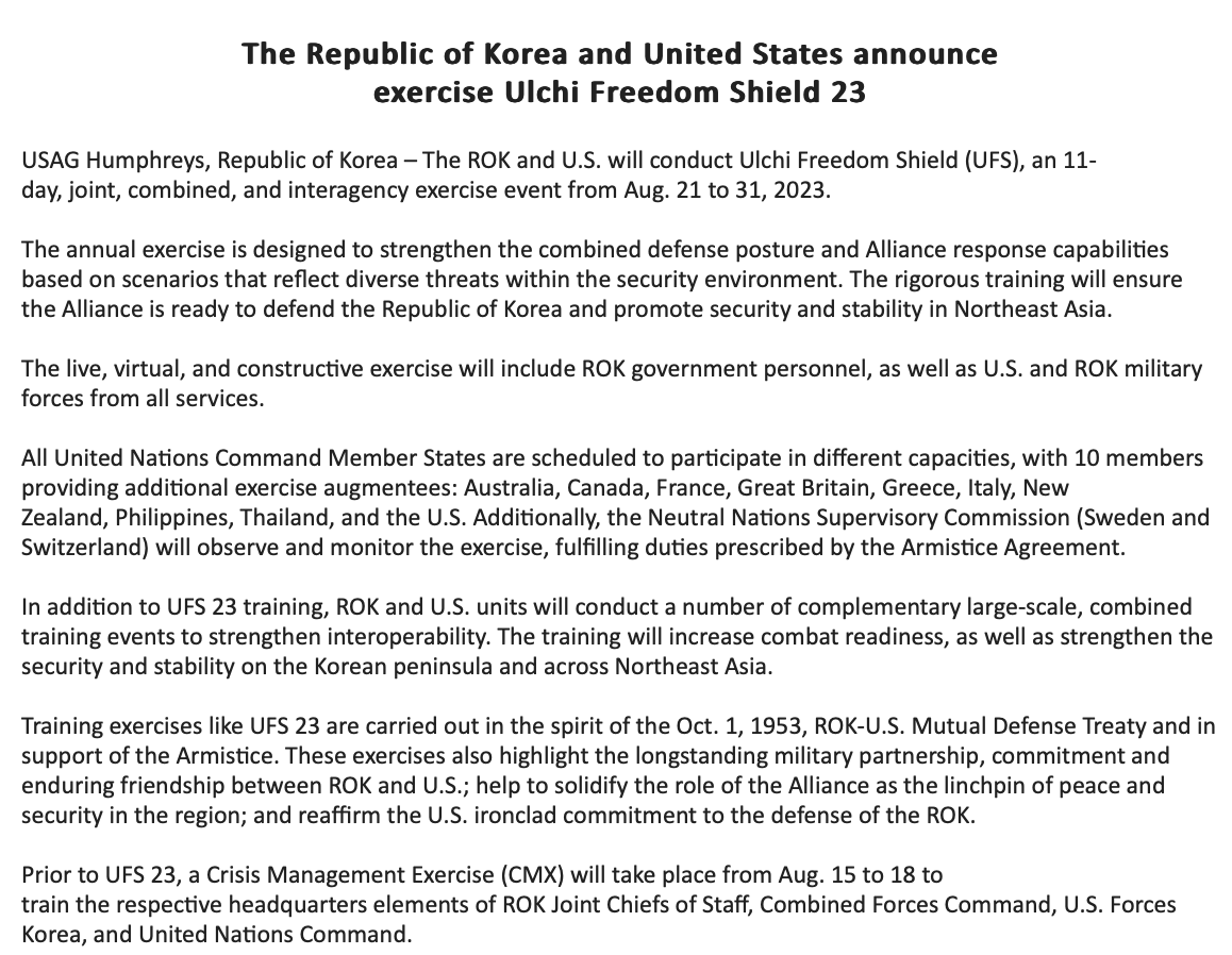 US, South Korea joint exercise #UlchiFreedomShield announced - starts August 21. Also taking part: Australia, Canada, France, Britain, Greece, Italy, New Zealand, Philippines, Thailand. Training will ensure the Alliance is ready to defend the Republic of Korea