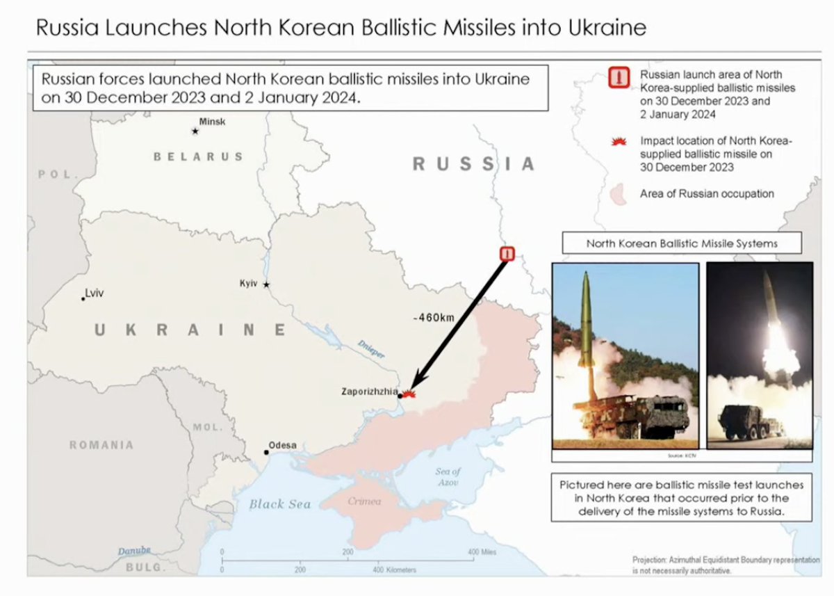 Ceturtdien Baltā nama pārstāvis Džons Kirbijs atklāja karti, kurā redzams, kur Krievija Ukrainā (netālu no Zaporožžas) palaidusi Ziemeļkorejas raķetes. Mēs paredzam, ka Krievija izmantos papildu Ziemeļkorejas raķetes, lai mērķētu uz Ukrainas civilo infrastruktūru, sacīja Kirbijs.