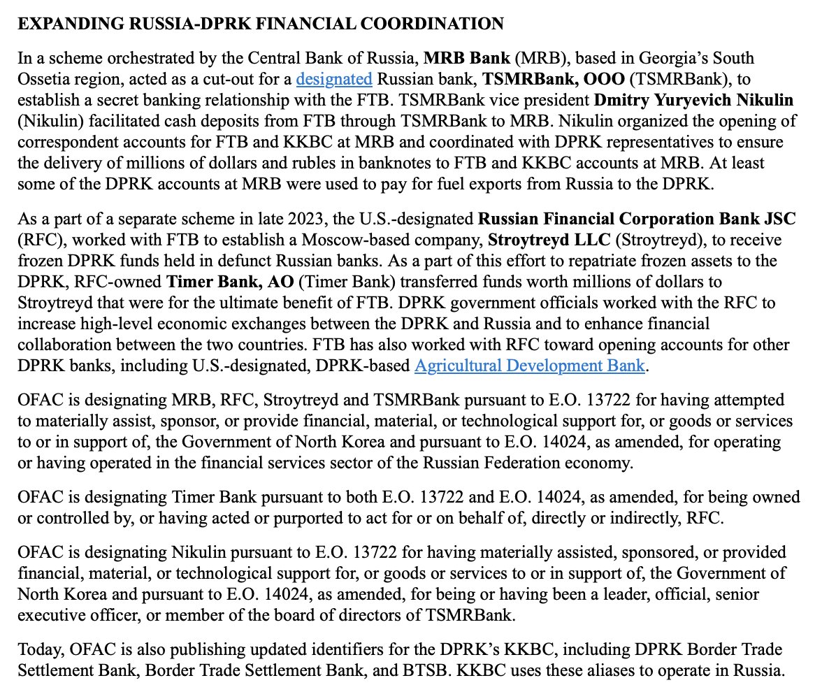 Les États-Unis s'attaquent à un réseau soutenant le transfert d'armes de la Corée du Nord vers la Russie. Le Trésor américain sanctionne 4 banques, 1 société de paiement et 1 responsable de banque, tous situés en Ossétie du Sud, en Géorgie, occupée par la Russie