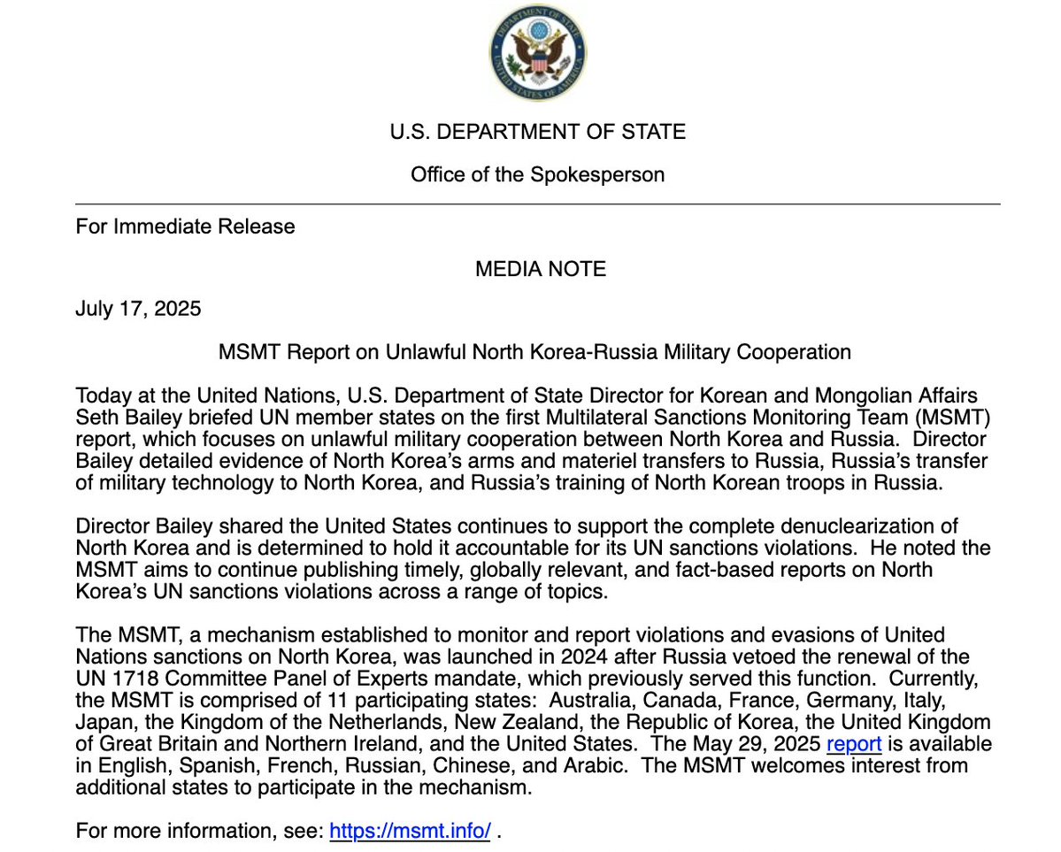EE. UU. informa a la ONU sobre informes de cooperación militar ilegal entre Corea del Norte y Rusia