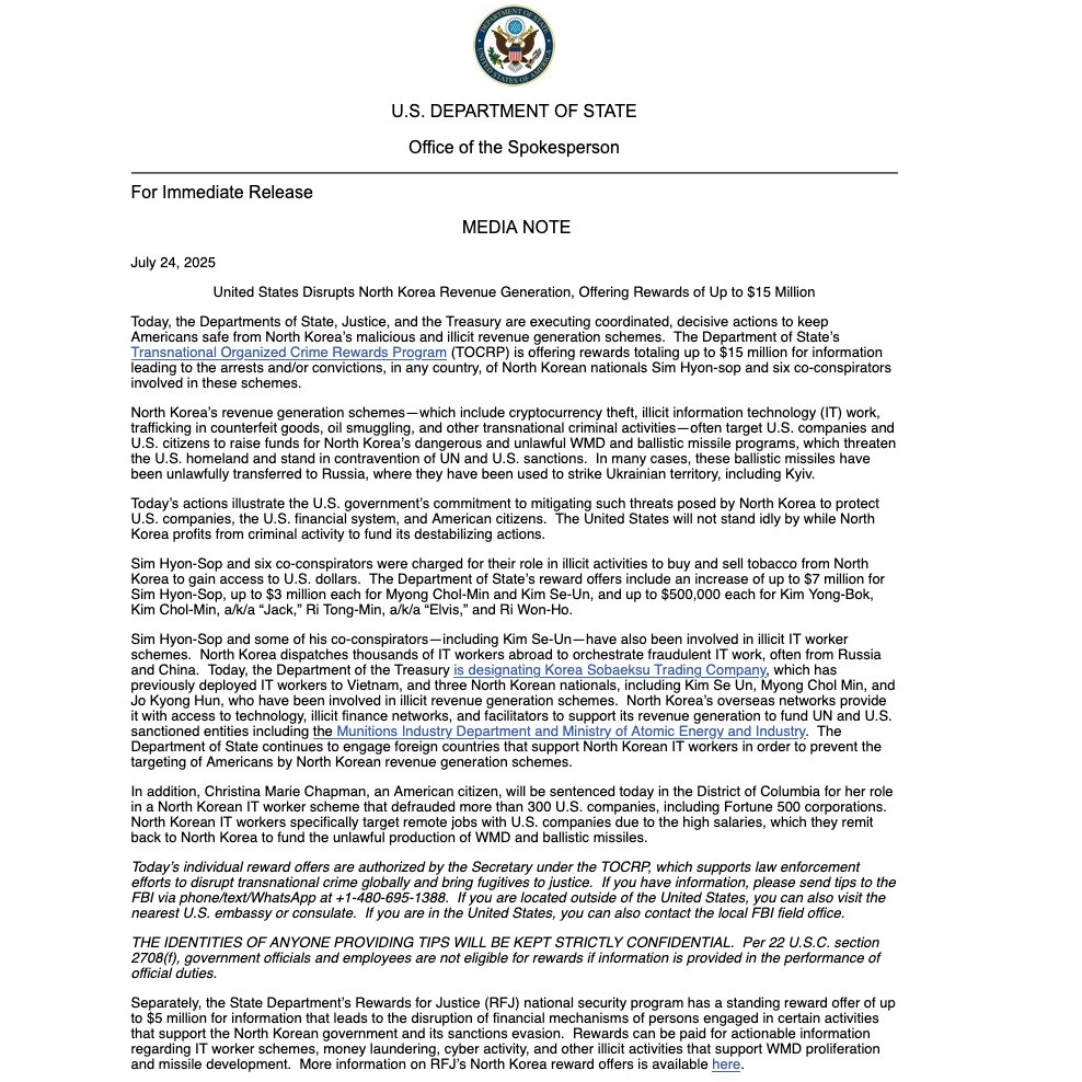 U.S. Closes In on North Korea's Russian-Enabled Revenue Streams  - DoS Statement