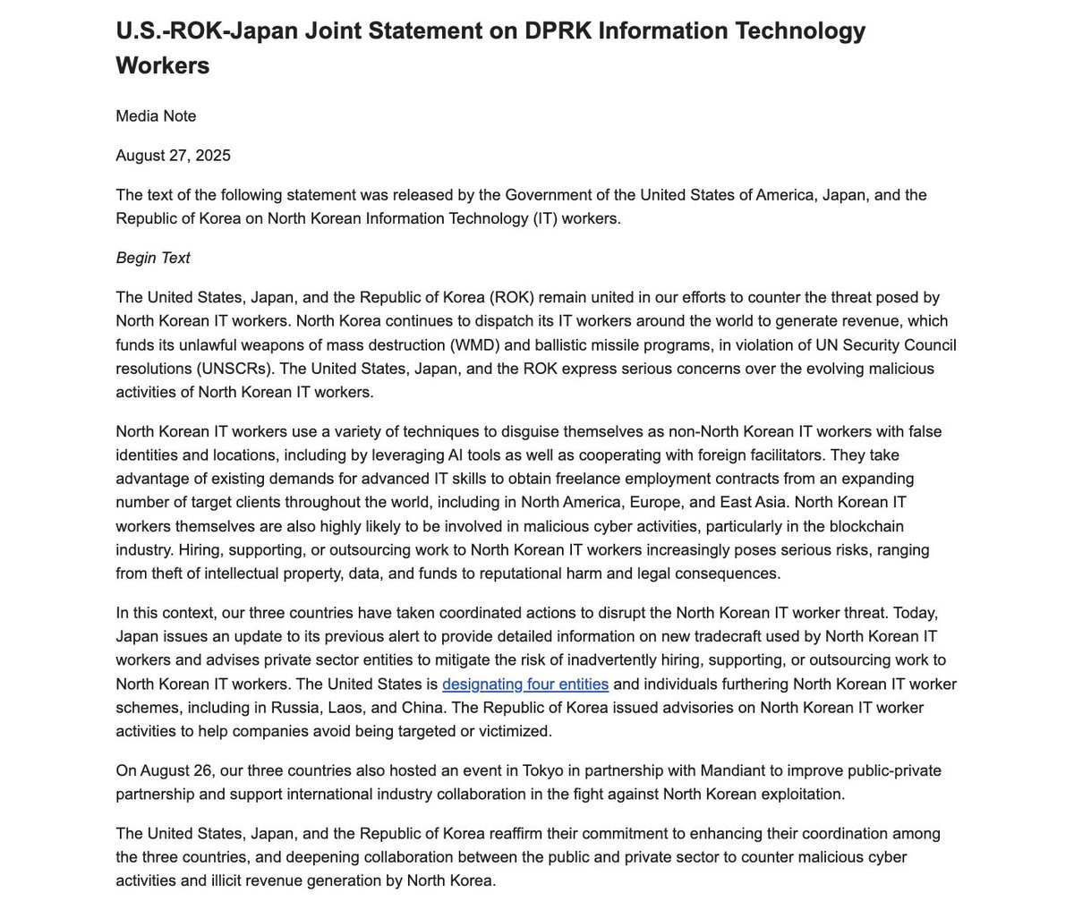 US-Japan-SoKo statement on efforts to counter the threat posed by North Korean IT workers.